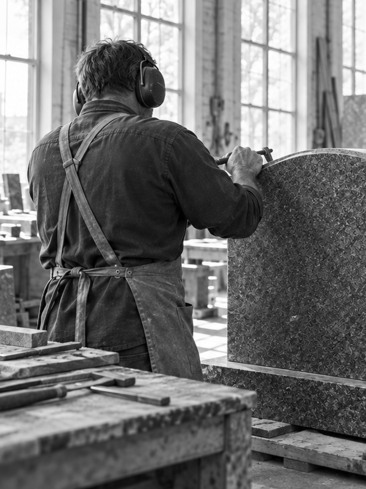 Stone carver in ear protection finishing a granite slab in the workshop