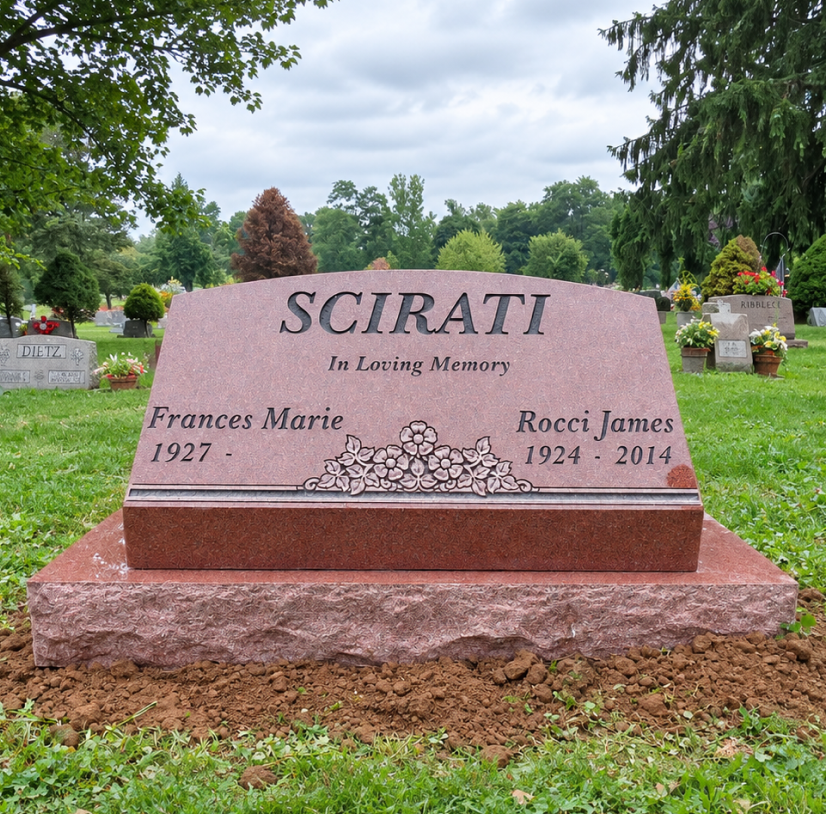 Red granite Scirati companion marker engraved In Loving Memory with carved flowers