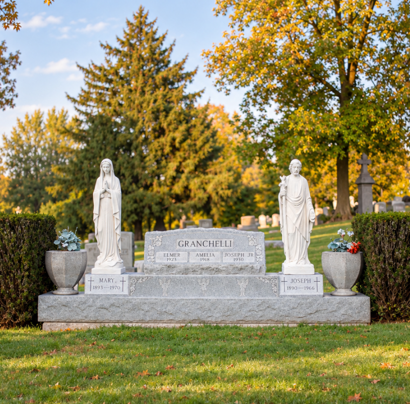 Granchelli family granite monument flanked by statues of Mary and Joseph in autumn