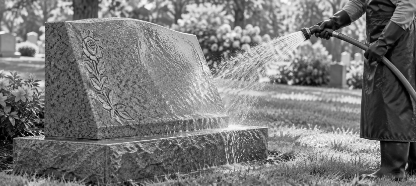 Worker rinsing a pink granite monument with a hose after cleaning