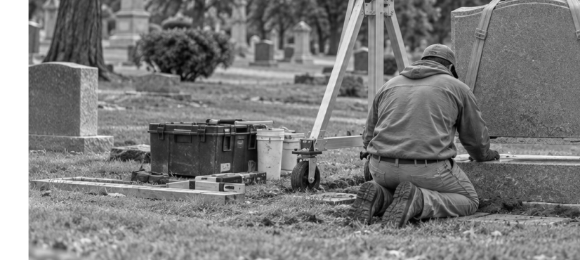 Worker resetting a granite headstone on its base using a gantry hoist